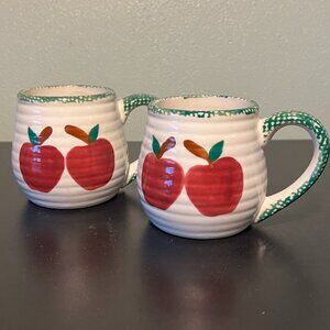 Set of 2 Red Apple w/ Green Spongeware Ribbed Off-White Ceramic Mugs ~ Rustic